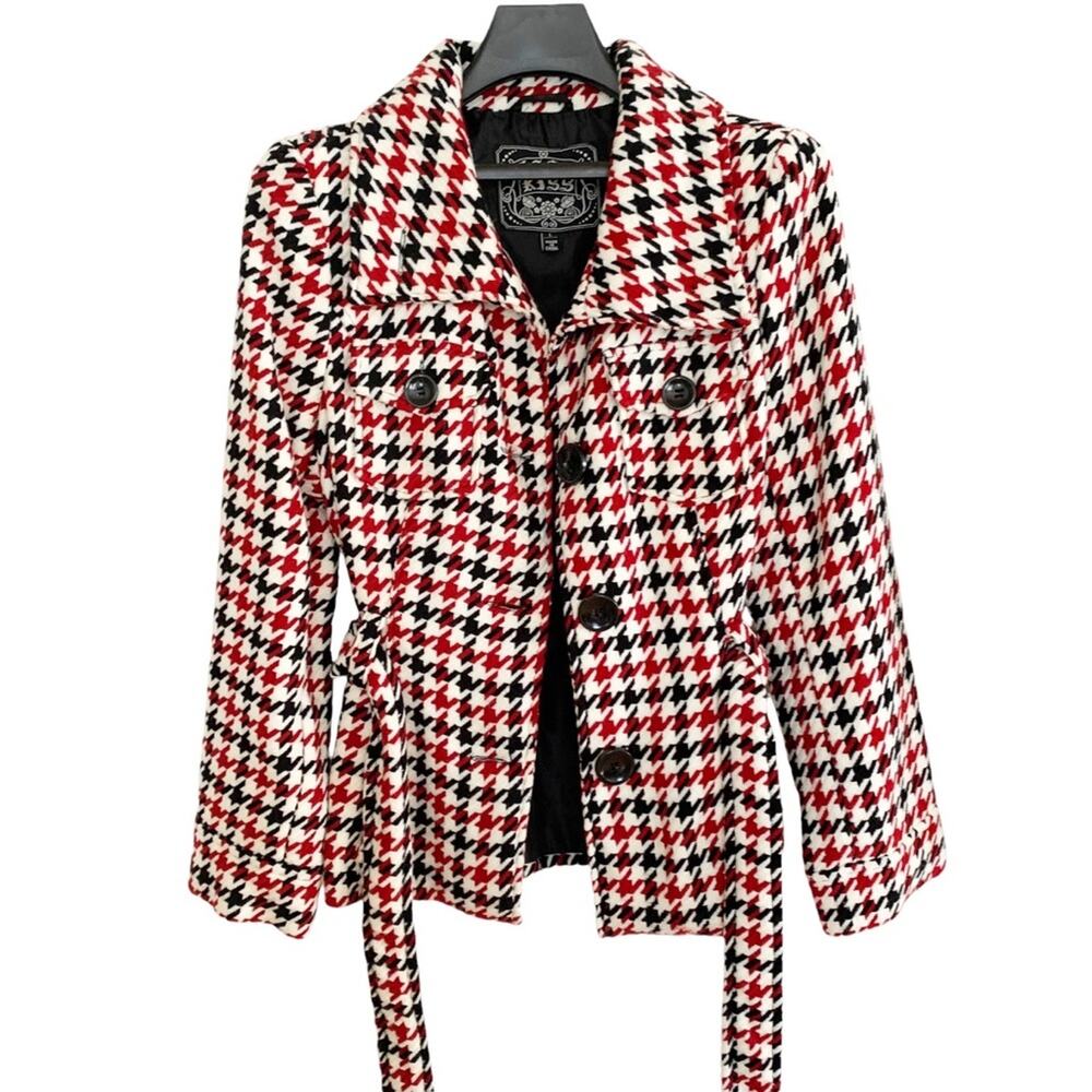 Last Kiss Vintage 90's Red Black Houndstooth Double Breasted Pea Coat Large - Picture 3 of 9